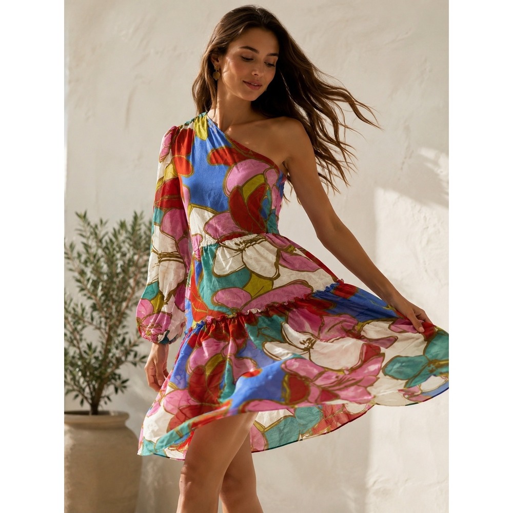 Rebecca Vallance One Shoulder Floral Linen Blend Midi Dress Pink Blue Size 2